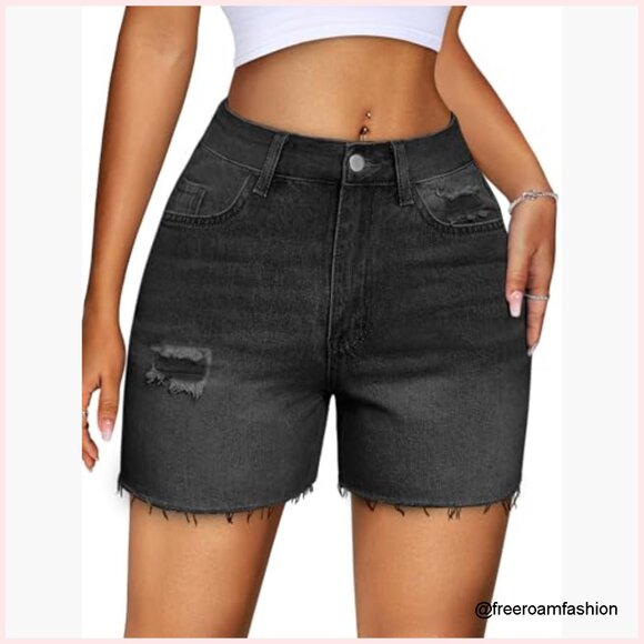 High Waisted Stretchy Denim Shorts Ripped Frayed Hem Casual Summer Jorts - Picture 2 of 7